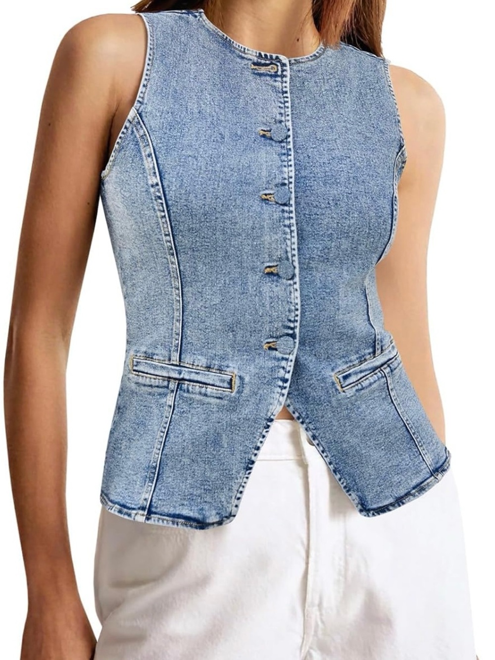 Light Wash Denim Button Front Vest